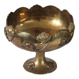 Midcentury Brass Pedestal Bowl With Lotus Flowers For Sale