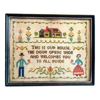 Vintage Needlepoint Welcome Sign for House Framed For Sale