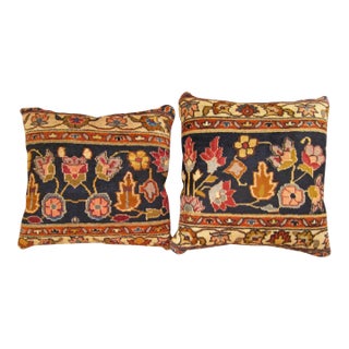 Decorative Antique Indian Agra Rug Pillows with Floral Elements - A Pair For Sale