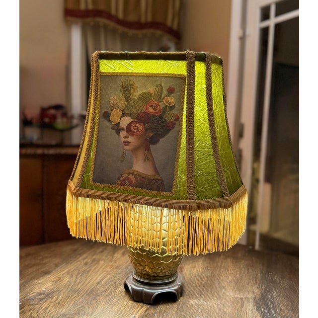 Custom Olive Velvet Lampshade With Portrait Panel and Gold Fringe For Sale - Image 6 of 8