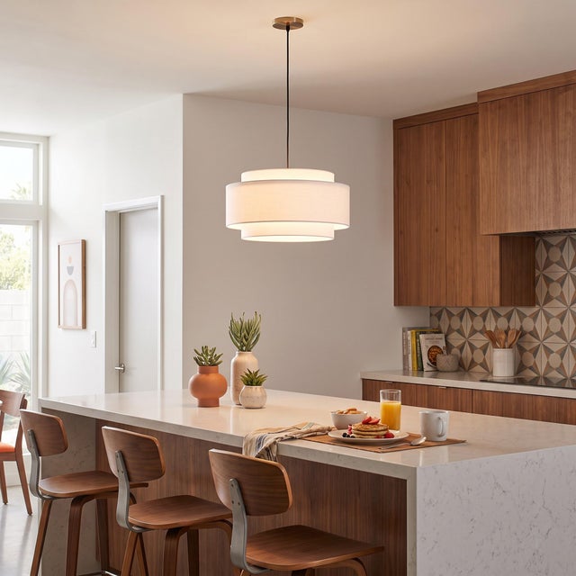 Mid-Century Modern Coronado 15" Pendant Light Kit, Drum White Linen Shade, Weathered Brass Steel, Dimmable, 15"d For Sale - Image 3 of 6