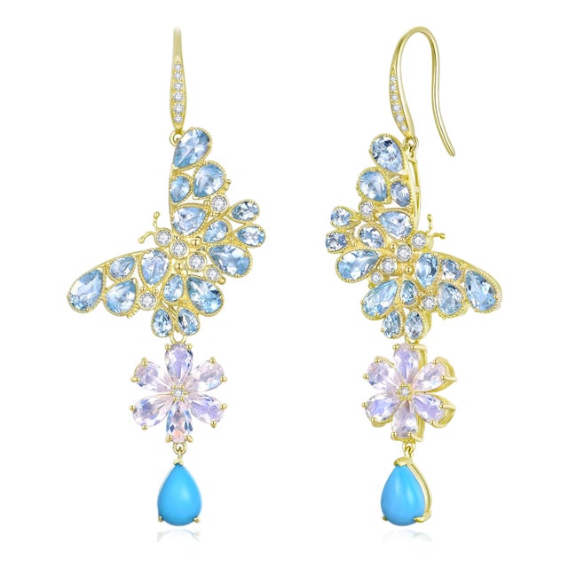 Nina Zhou Butterfly Blossoms 8.68ctw Aquamarine, Moonstone, Turquoise & Diamond Convertible Drop Earrings For Sale