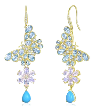 Nina Zhou Butterfly Blossoms 8.68ctw Aquamarine, Moonstone, Turquoise & Diamond Convertible Drop Earrings