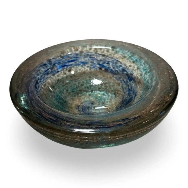 Italian Hand Blown Green Blue and Copper Thick Glass Catchall Bowl Murano Attributed For Sale In Miami - Image 6 of 10