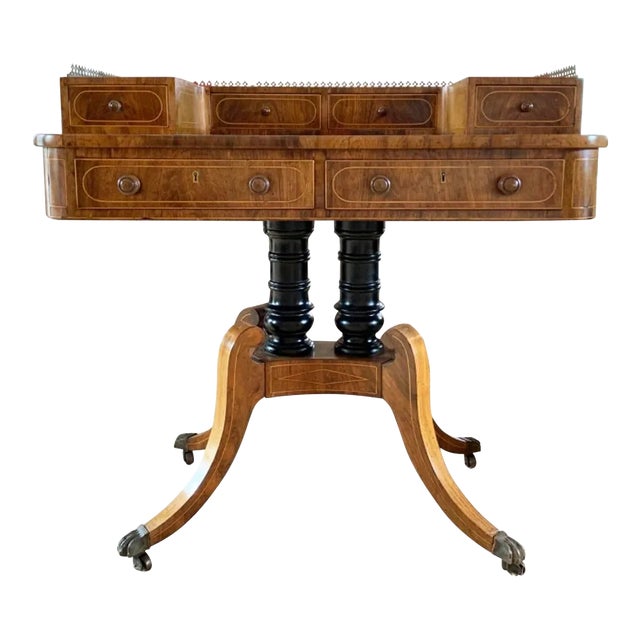 Exquisite English Regency Burl Wood Carlton House Desk on Dual-Pedestal Base, Circa Early 19th Century. For Sale