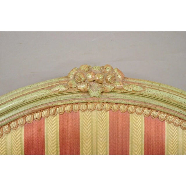 Vtg French Louis XV Style Green & Pink Painted Arm Chair Fauteuil Striped Fabric For Sale - Image 12 of 13