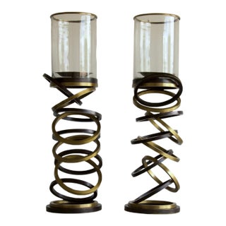 Monumental Maitland-Smith Bronze & Brass Spiral Hurricane Candle Holders 29.5" - A Pair For Sale