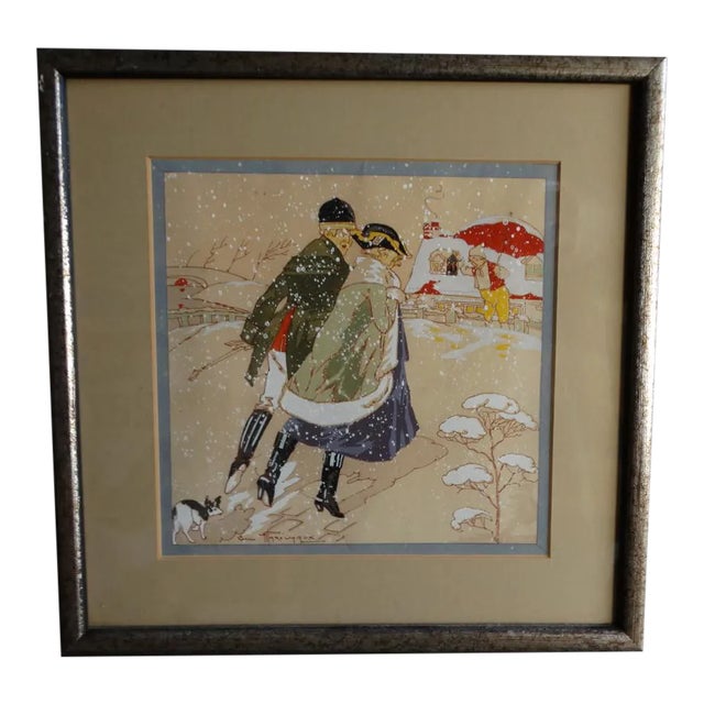 1920s Print, Huntsman and His Huntswoman Seeking Shelter in a Snowstorm: Romantic Pochoir For Sale