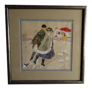 1920s Print, Huntsman and His Huntswoman Seeking Shelter in a Snowstorm: Romantic Pochoir