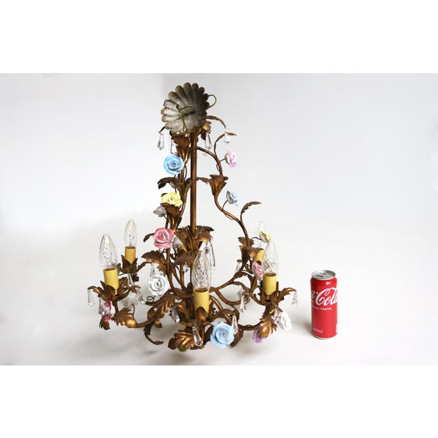 Italian Tôle Chandelier with Ceramic Roses and Crystal Pendants, 1950s For Sale - Image 6 of 13