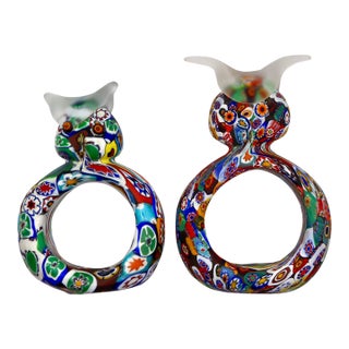 Mid-Century Murano Millefiori Glass Owl Napkin Rings - A Pair For Sale