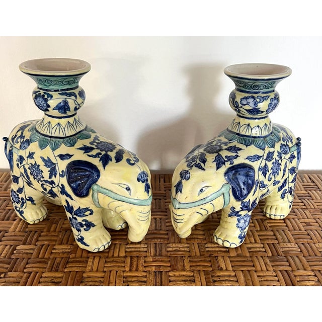 Early 20th Century Chinese Export Blue and White Elephant Candle Stick Holders - a Pair For Sale - Image 13 of 13