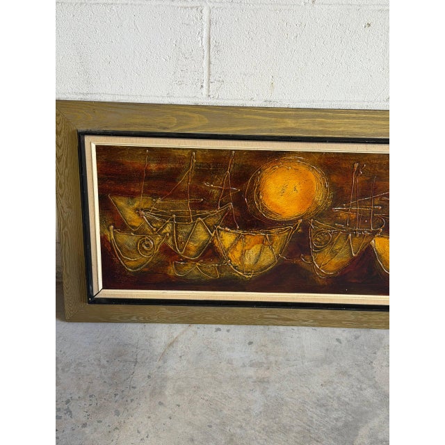 Beautiful vintage Danish modern textured painting depicting stylized sailboats beneath a glowing sun, signed “Led Tingkær...