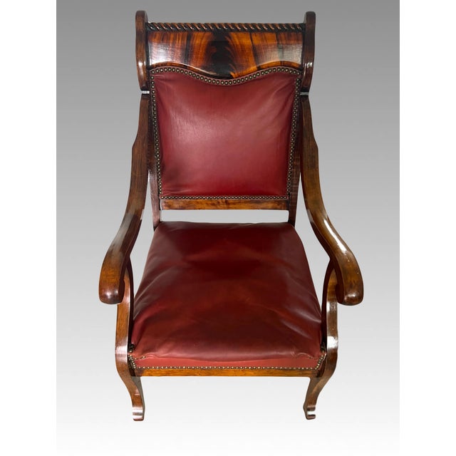 Brown Antique Empire Flame Mahogany & Ox Blood Red Leather Library Armchair, Late 19th. Century Chair For Sale - Image 8 of 14
