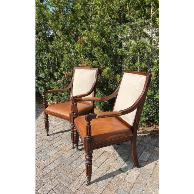 Contemporary Polo Ralph Lauren Classic Vintage Carved Wood Accents Arm Chairs With Traditional Cognac Leather Seats - A Pair For Sale - Image 3 of 11