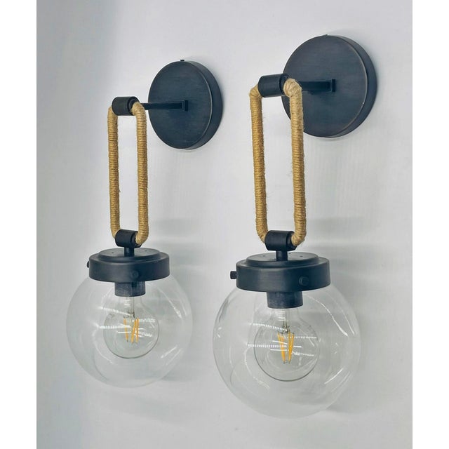 Modern Vintage Attributed to Visual Comfort Modern Jute Rope Wall Sconces Brass Finish With Glass Globes - a Pair For Sale - Image 3 of 17
