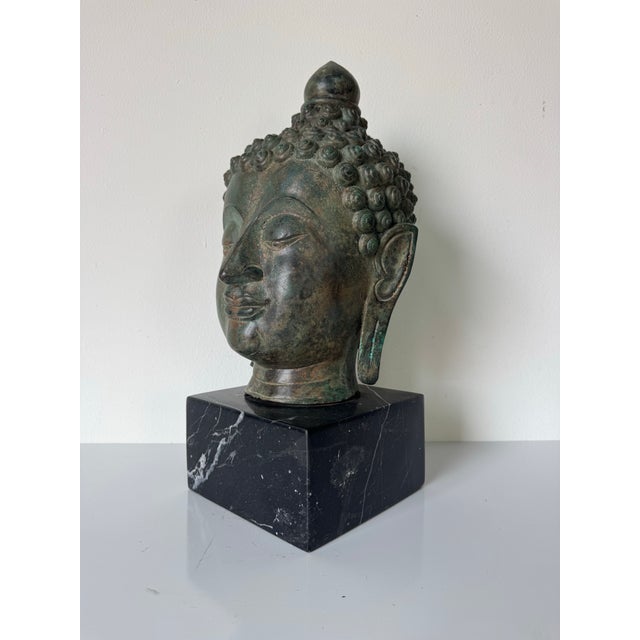 Vintage Verdigris Bronze Buddha Head Sculpture on Black Marble Base For Sale - Image 11 of 12