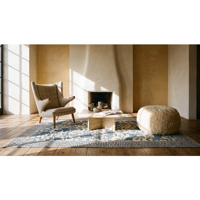 Lovely Tan Beige and Blue Cerulean Color With Florid Design Antique Japanese Rug For Sale - Image 13 of 13