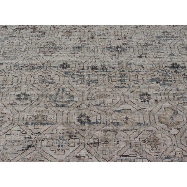 Modern Hand-Knotted Oushak Distressed Rug With Sub-Geometric Design in Brown and Blue For Sale - Image 11 of 13
