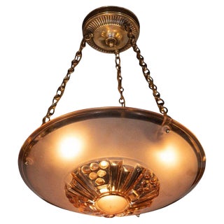 French Art Deco Copper Hued Glass Pendant With Gilt Brass Fittings For Sale