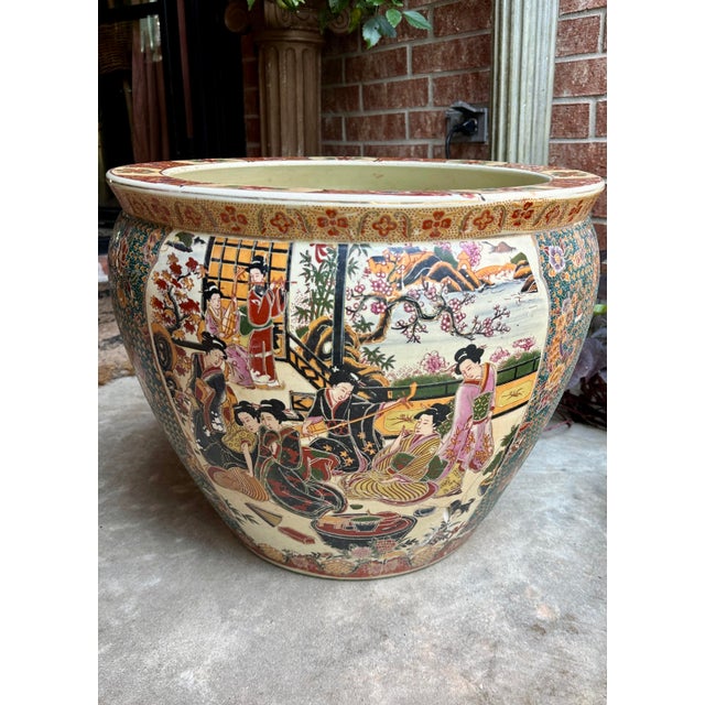 Ceramic Vintage Large Chinoiserie Chinese Famille Rose Fish Bowl Planter With Courtyard Scene & Goldfish Interior, C. 1950s For Sale - Image 7 of 10