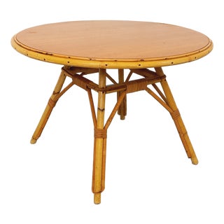 Vintage Round Coffee Table in Rattan and Wood, 1960s For Sale