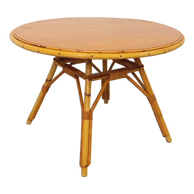 Vintage Round Coffee Table in Rattan and Wood, 1960s For Sale