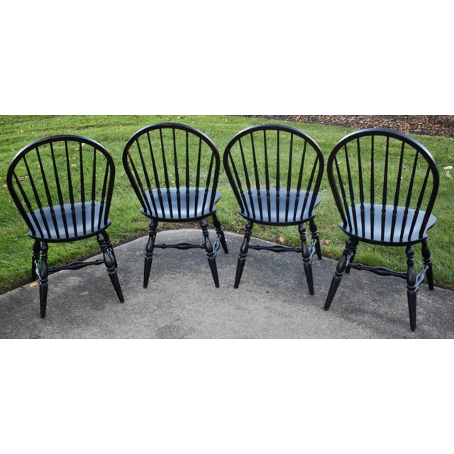 2000 - 2009 4 Ethan Allen Oak Dining Chairs Vintage Distressed Black Farmhouse Bow Back For Sale - Image 5 of 18