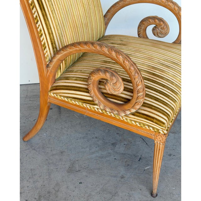 Mid 20th Century Pair French Modern Carved Feather Scroll Arm Lounge Chairs, Style Maison Jansen For Sale - Image 5 of 18