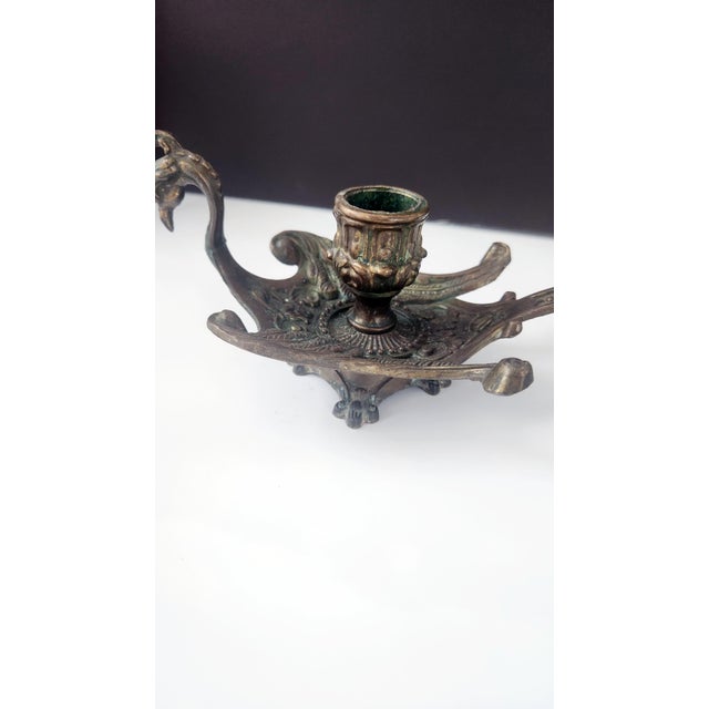 Late 19th Century Antique Brass Rococo Revival Chamberstick Candle Holder With Verdigris Patina For Sale - Image 5 of 12