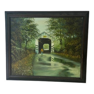 1970s Framed Painting of Covered Bridge For Sale