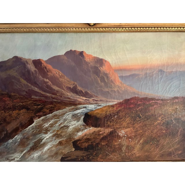 Original on canvas by British landscape painter F. Walters depicting a dramatic Scottish Highland river beneath sunlit...