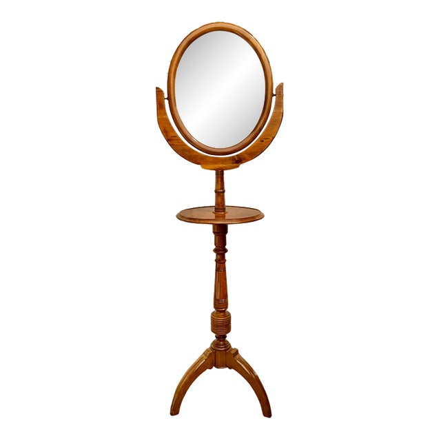 Antique Turned Wood Cheval Dressing Shaving Mirror With Pedestal Shelf For Sale