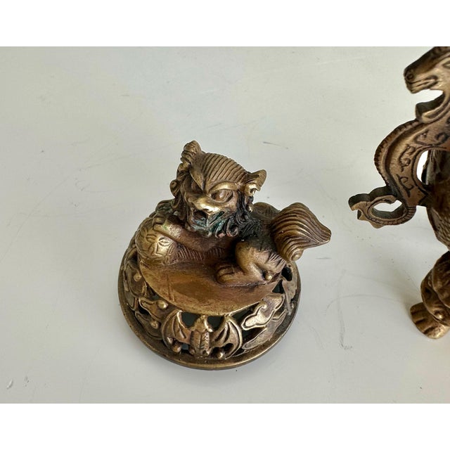 Antique Chinese Ming-Style Brass Foo Dog Incense Burner Sculpture For Sale - Image 11 of 15