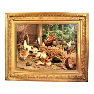 Antique Original Oil Dutch Oil Painting of Barnyard Scene by Edward Quitton
