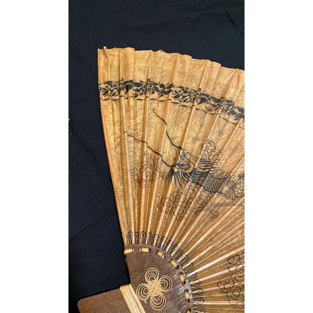 Large Pair Vintage Chinese Dragon Wall Fans 37"l X 23"h - Set of 2 Hand Painted Bamboo Fan | Oriental Decor For Sale - Image 10 of 17