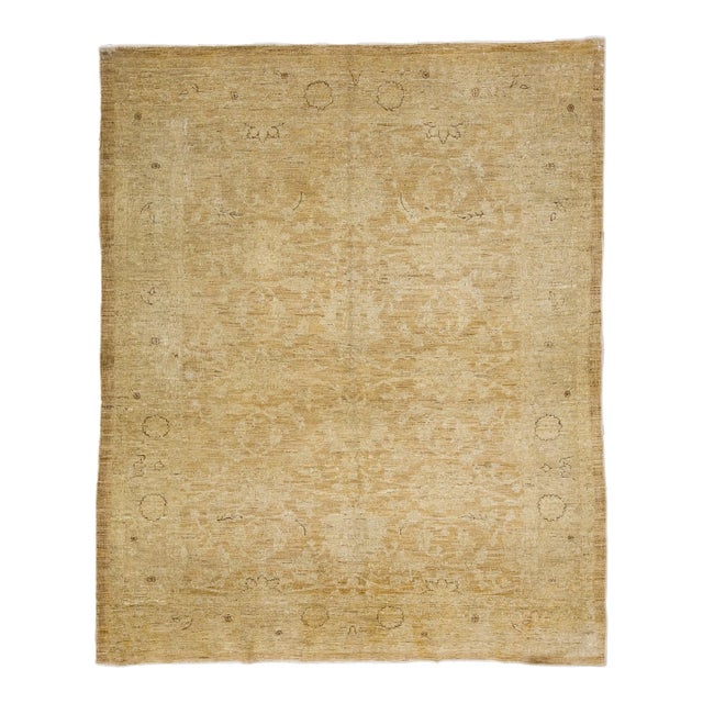 Tan Modern Tabriz Style Handmade Floral Wool Rug For Sale
