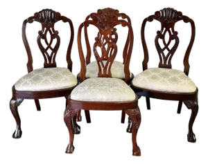 Late 20th Century Georgian Carved Rustic Mahogany Dining Chairs - Set of 4