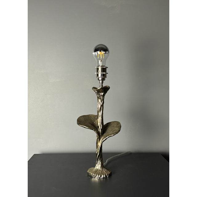 Mid-Century Modern Brass Silver Flower Lamp with Cocoon Fabric Shade, 1980s For Sale - Image 3 of 11
