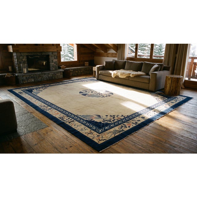 1890s Tan Beige Medallion Birds Antique Chinese Peking Rug 15'3'' X 17'4'' Knotted Wool Carpet For Sale - Image 9 of 11