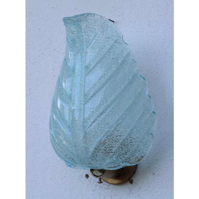 Art Deco Set of 2 Wall Light Blu Colour Murano Glass Leave by Barovier E Toso, 1950s For Sale - Image 3 of 15