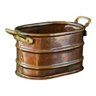 Antique French Copper Jardinière With Brass Handles – 19th Century Vintage Planter For Sale