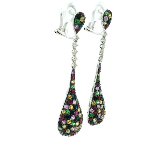 Italian 14k White Gold Diamond & Multicolor Sapphire Drop Earrings, A Pair For Sale - Image 4 of 14