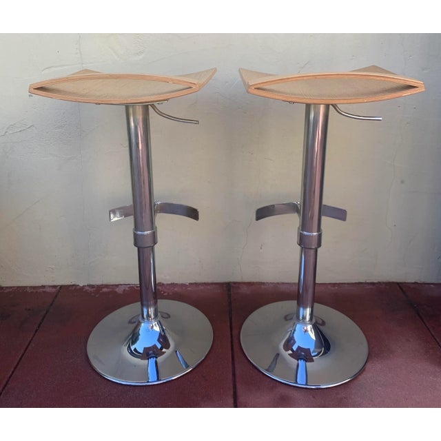 1990s Vintage Chrome and Wood Seat Barstools, Set of 2 For Sale In Los Angeles - Image 6 of 13