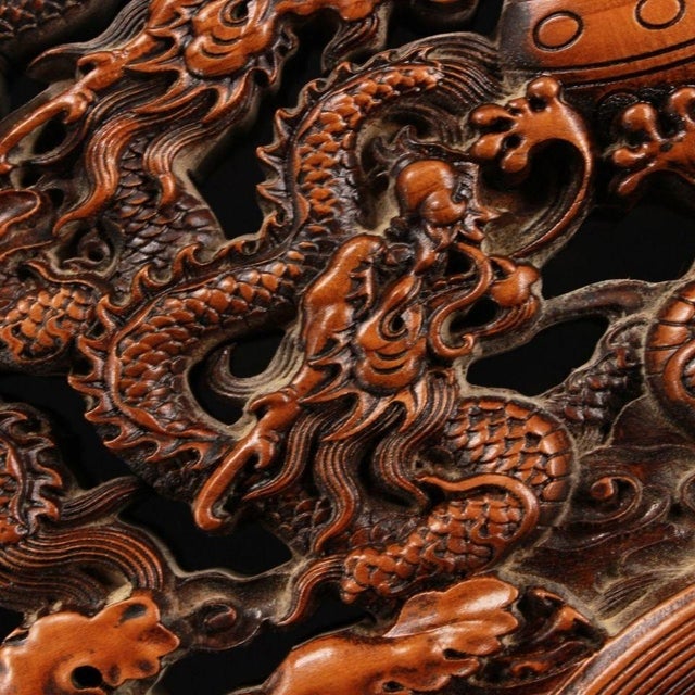 Mid 20th Century Vintage Chinese Boxwood Nine Dragon Screen | Master Carved Table Screen With Gemstone Inlay For Sale - Image 5 of 9