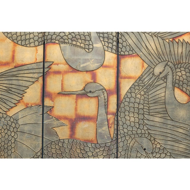 Vintage Hand-Painted Lacquer Folding Screen with Flying Cranes and Botanical Motifs For Sale - Image 11 of 12