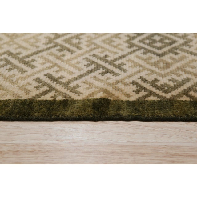 Art Deco 3x18 Olive Gold Geometric Lattice Hand-Knotted Wool Runner For Sale - Image 3 of 4