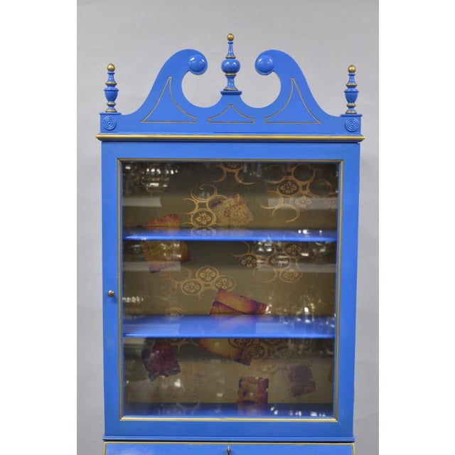 Chinoiserie Vintage Chinoiserie Blue Hand Painted Gold Gilt Narrow Bookcase Secretary Desk For Sale - Image 3 of 18