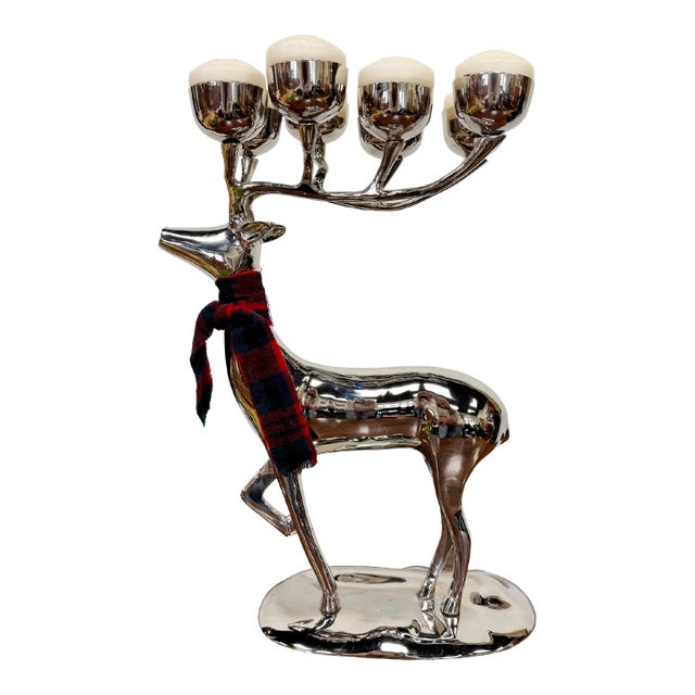 Vintage Polished Silver 10 Point Stag Deer Candelabra For Sale