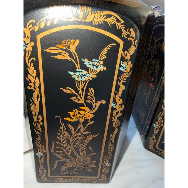 An exceptional, sophisticated pair of mid-to-late 20th-century Chinoiserie table lamps shaped in the classic form of...